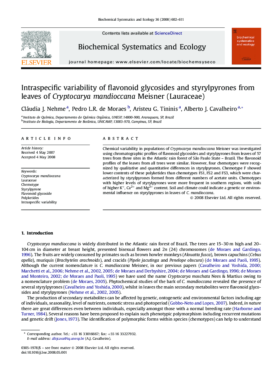 Intraspecific variability of flavonoid glycosides and styrylpyrones from leaves of Cryptocarya mandioccana Meisner (Lauraceae)