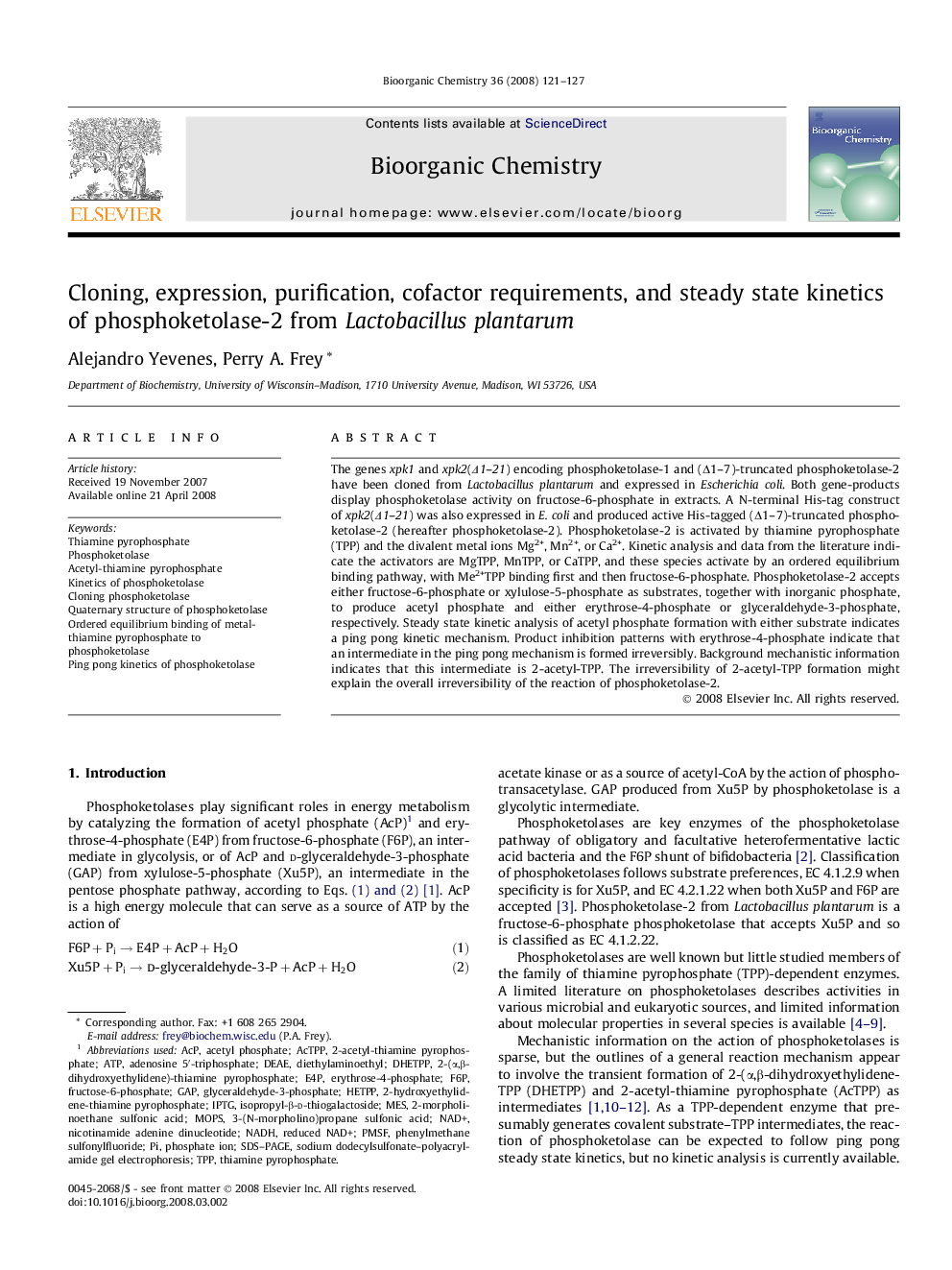 Cloning, expression, purification, cofactor requirements, and steady state kinetics of phosphoketolase-2 from Lactobacillus plantarum