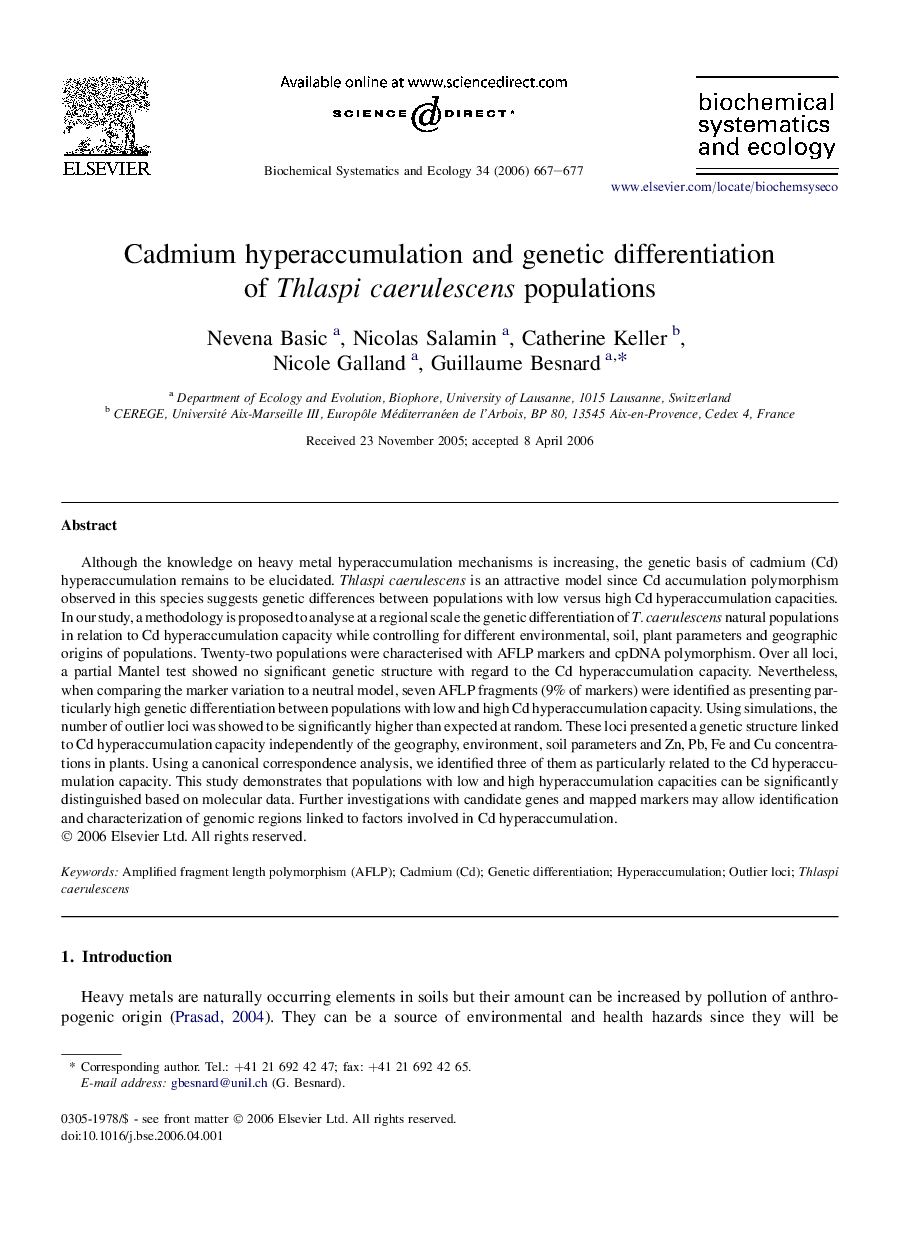 Cadmium hyperaccumulation and genetic differentiation of Thlaspi caerulescens populations