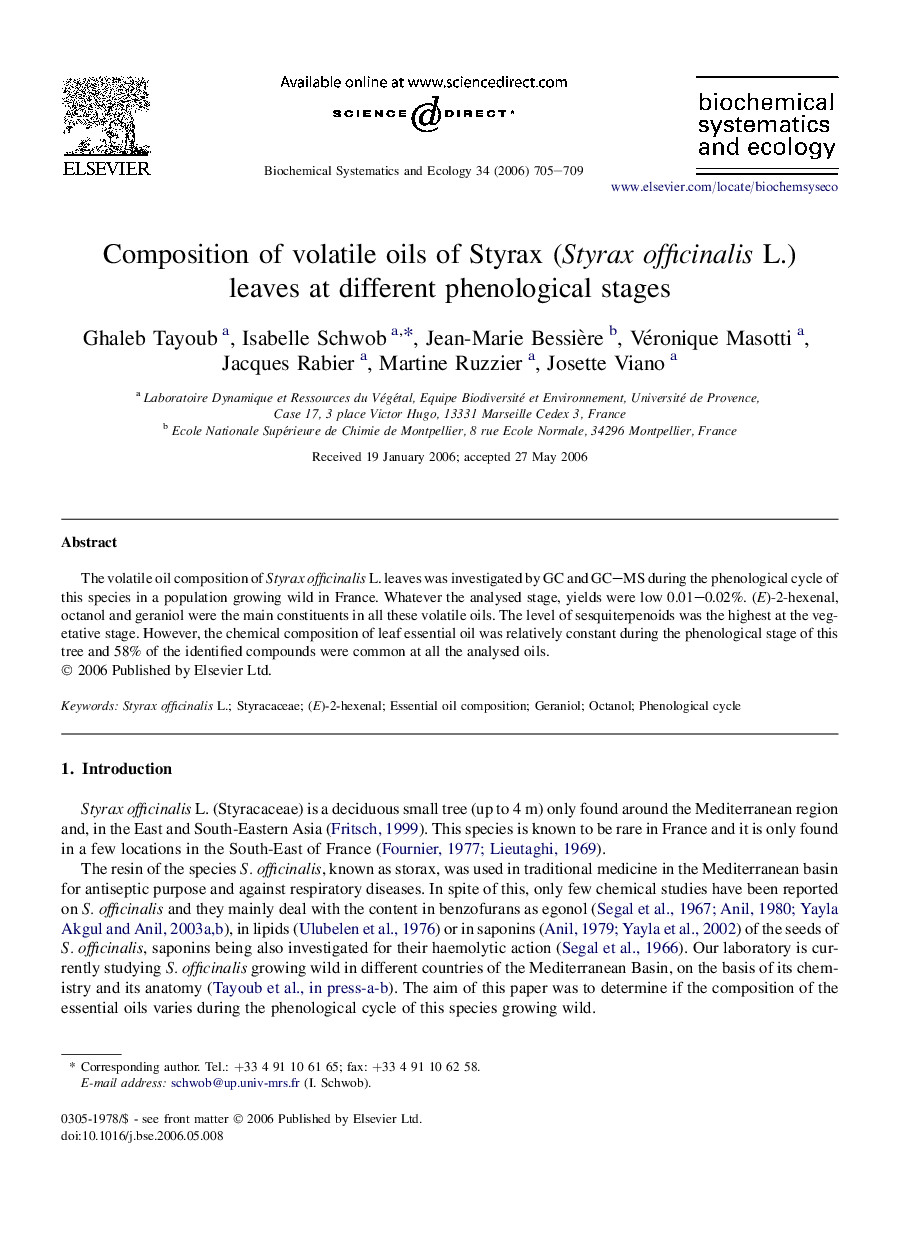 Composition of volatile oils of Styrax (Styrax officinalis L.) leaves at different phenological stages