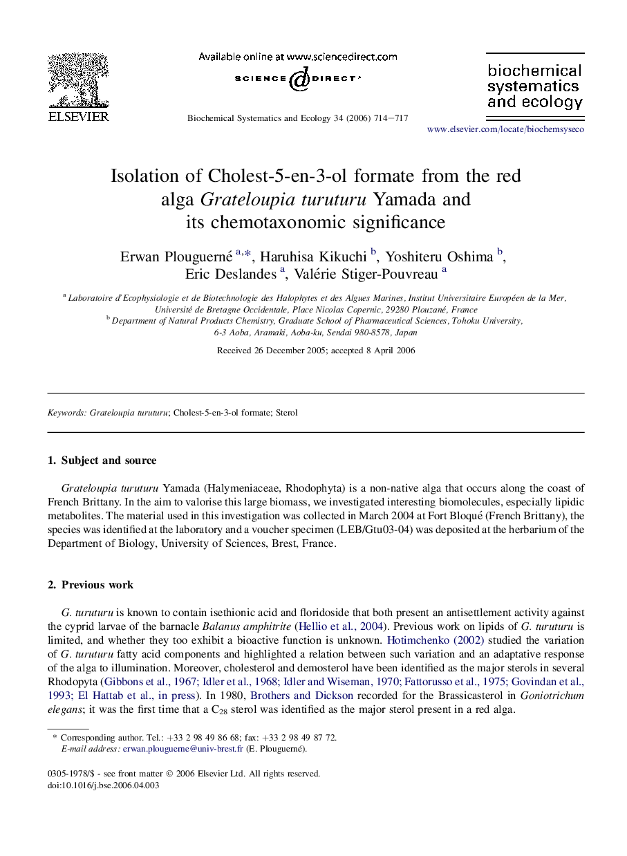 Isolation of Cholest-5-en-3-ol formate from the red alga Grateloupia turuturu Yamada and its chemotaxonomic significance