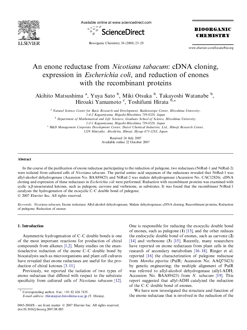 An enone reductase from Nicotiana tabacum: cDNA cloning, expression in Escherichia coli, and reduction of enones with the recombinant proteins