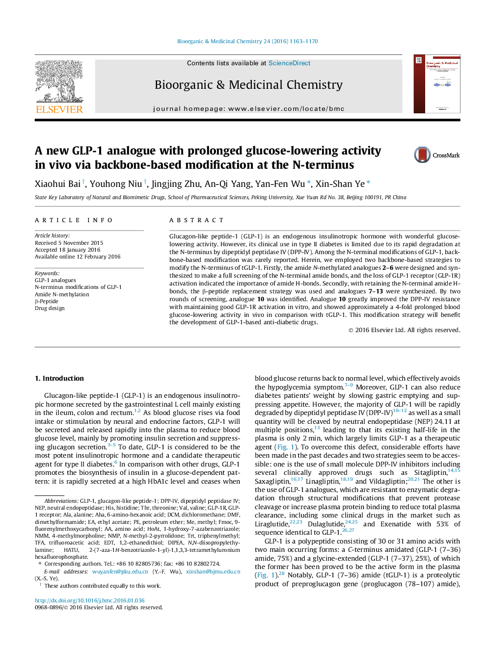 A new GLP-1 analogue with prolonged glucose-lowering activity in vivo via backbone-based modification at the N-terminus