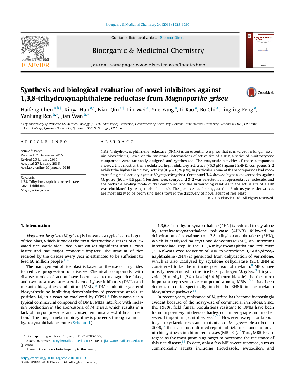 Synthesis and biological evaluation of novel inhibitors against 1,3,8-trihydroxynaphthalene reductase from Magnaporthe grisea