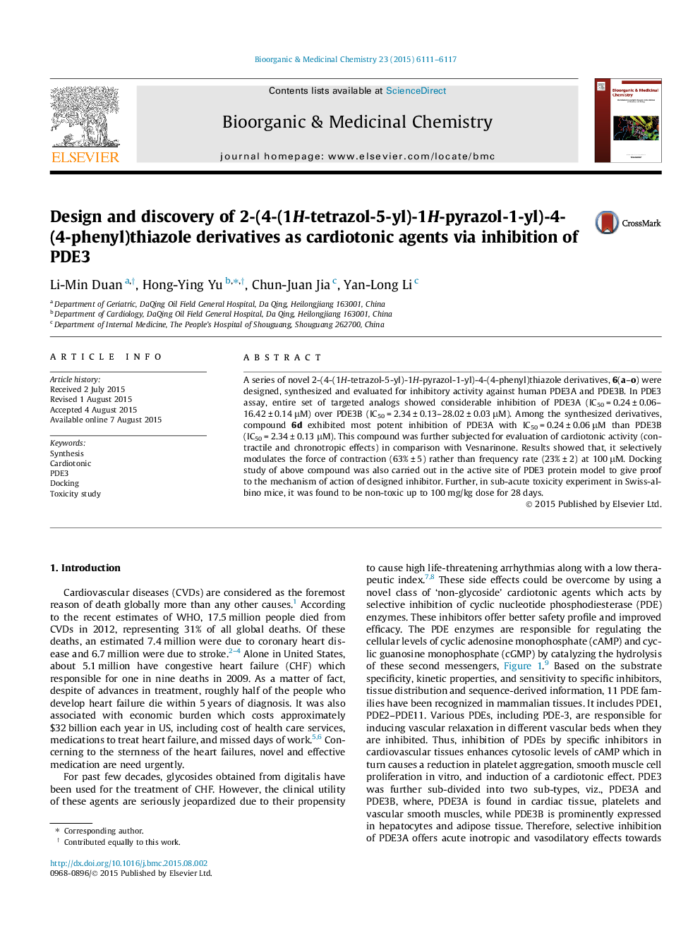 Design and discovery of 2-(4-(1H-tetrazol-5-yl)-1H-pyrazol-1-yl)-4-(4-phenyl)thiazole derivatives as cardiotonic agents via inhibition of PDE3