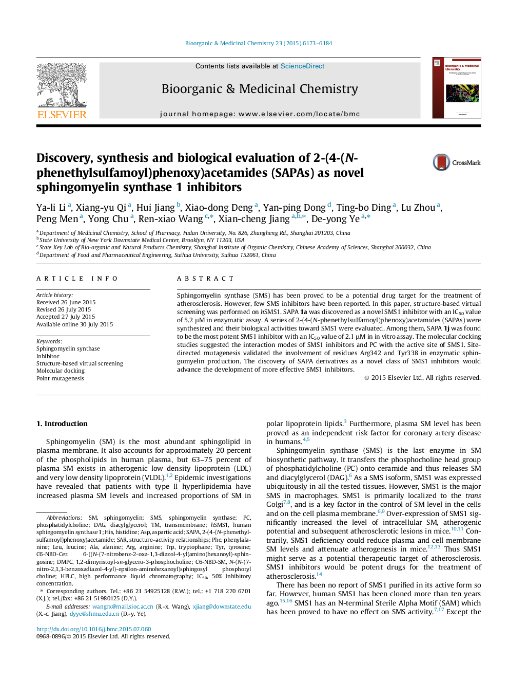 Discovery, synthesis and biological evaluation of 2-(4-(N-phenethylsulfamoyl)phenoxy)acetamides (SAPAs) as novel sphingomyelin synthase 1 inhibitors