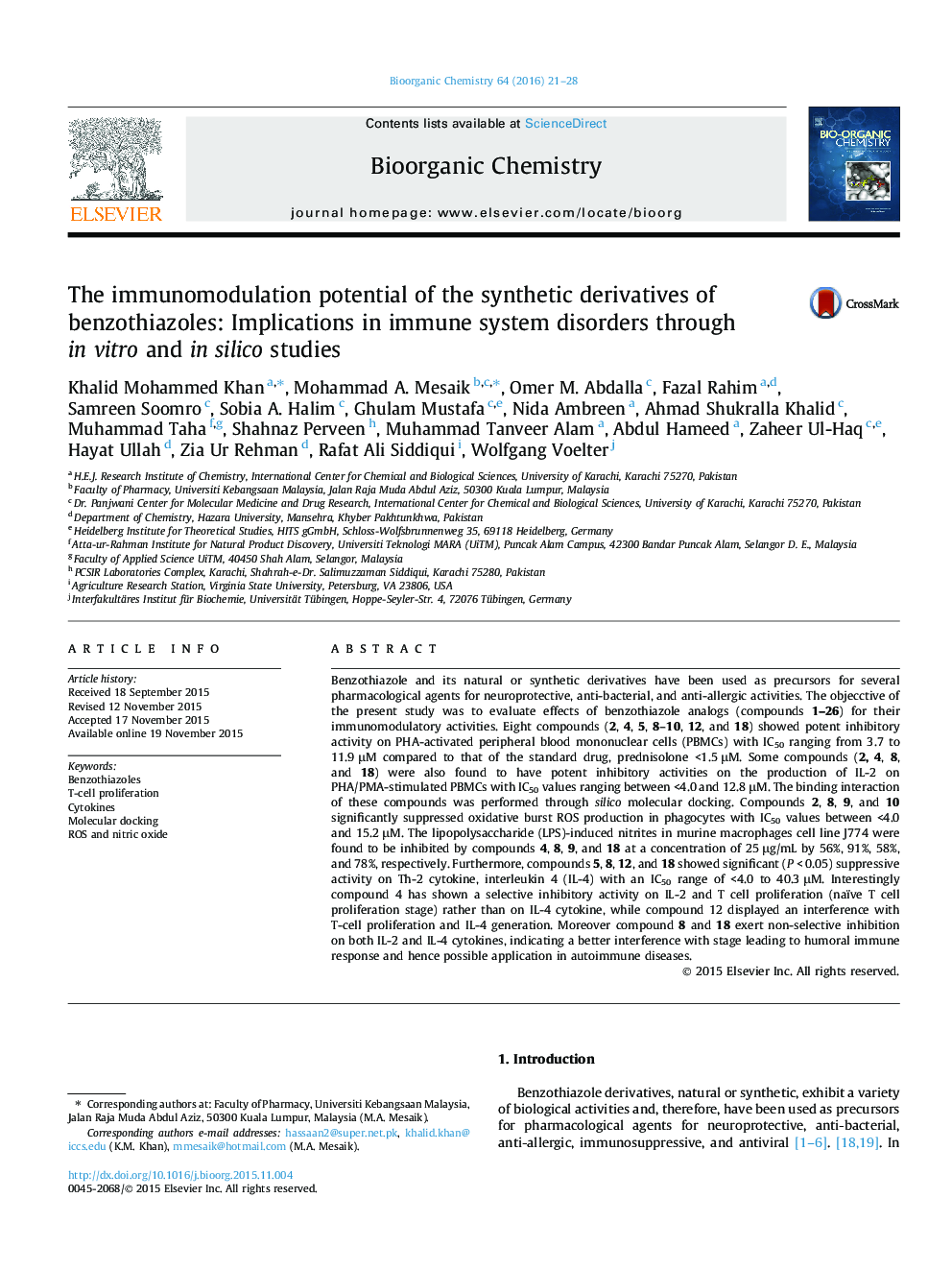 The immunomodulation potential of the synthetic derivatives of benzothiazoles: Implications in immune system disorders through in vitro and in silico studies