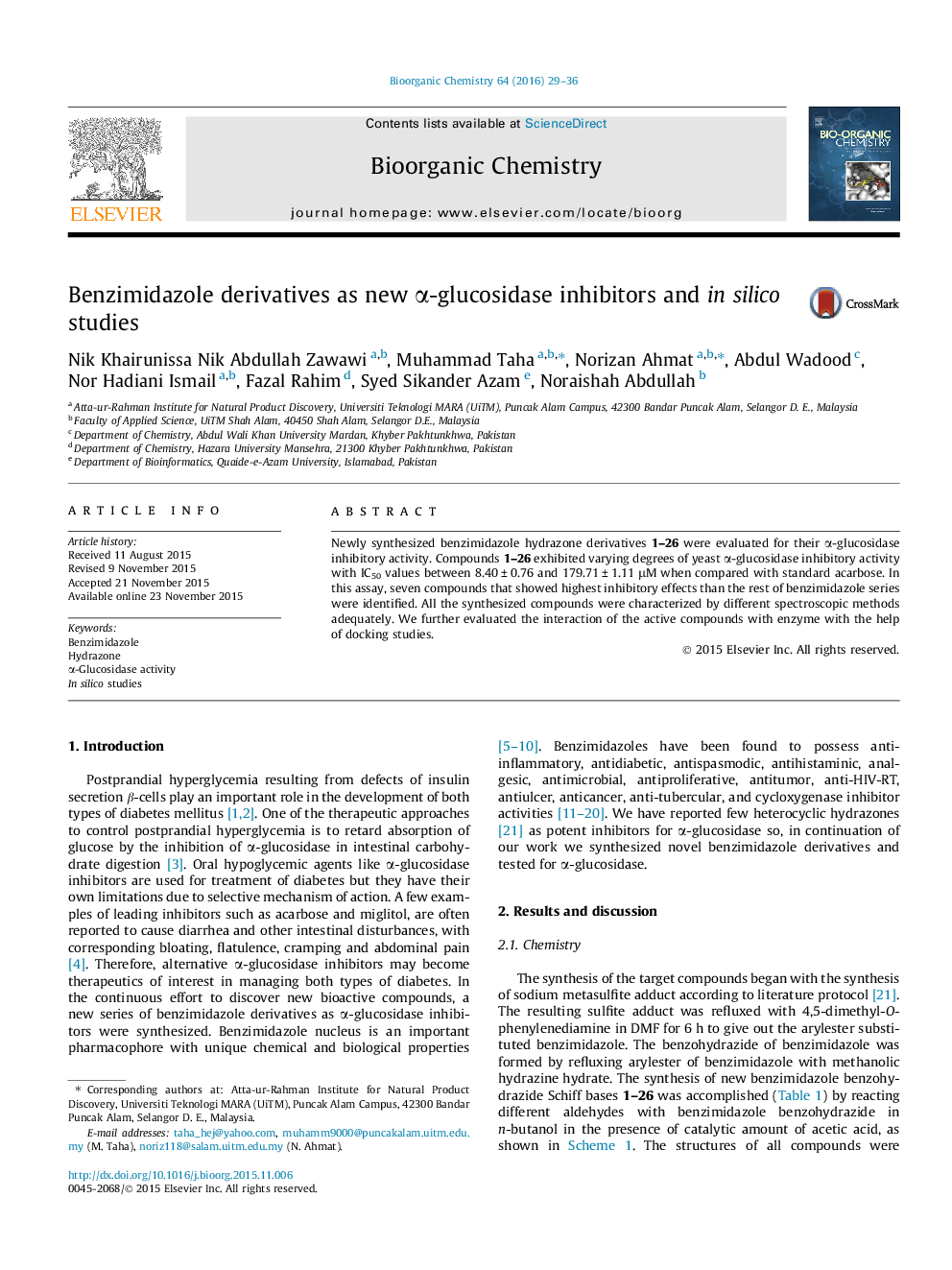 Benzimidazole derivatives as new Î±-glucosidase inhibitors and in silico studies