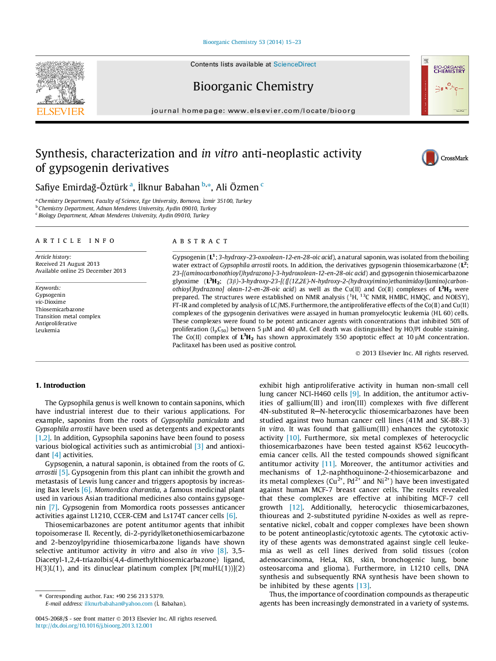 Synthesis, characterization and in vitro anti-neoplastic activity of gypsogenin derivatives