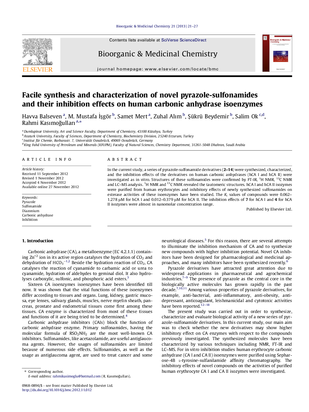 Facile synthesis and characterization of novel pyrazole-sulfonamides and their inhibition effects on human carbonic anhydrase isoenzymes