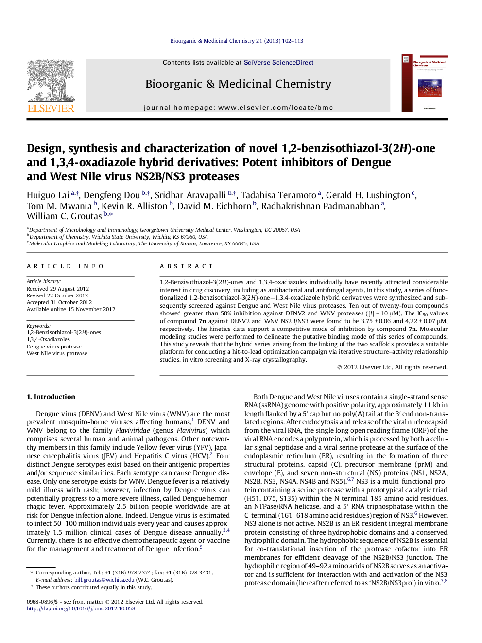 Design, synthesis and characterization of novel 1,2-benzisothiazol-3(2H)-one and 1,3,4-oxadiazole hybrid derivatives: Potent inhibitors of Dengue and West Nile virus NS2B/NS3 proteases