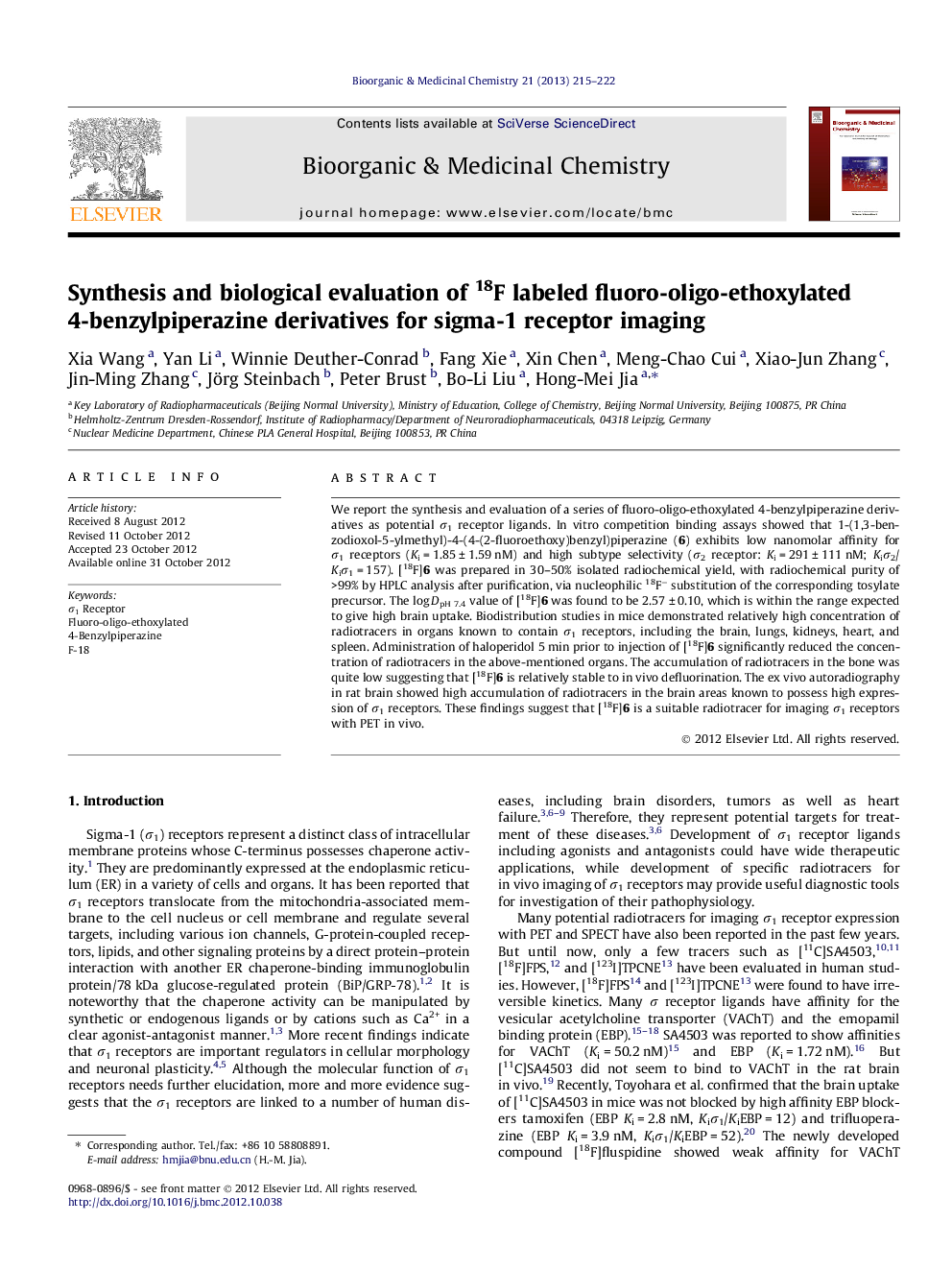 عکس صفحه اول مقاله: Synthesis and biological evaluation of 18F labeled fluoro-oligo-ethoxylated 4-benzylpiperazine derivatives for sigma-1 receptor imaging Synthesis and biological evaluation of 18F labeled fluoro-oligo-ethoxylated 4-benzylpiperazine derivatives for sigma-1 receptor imaging