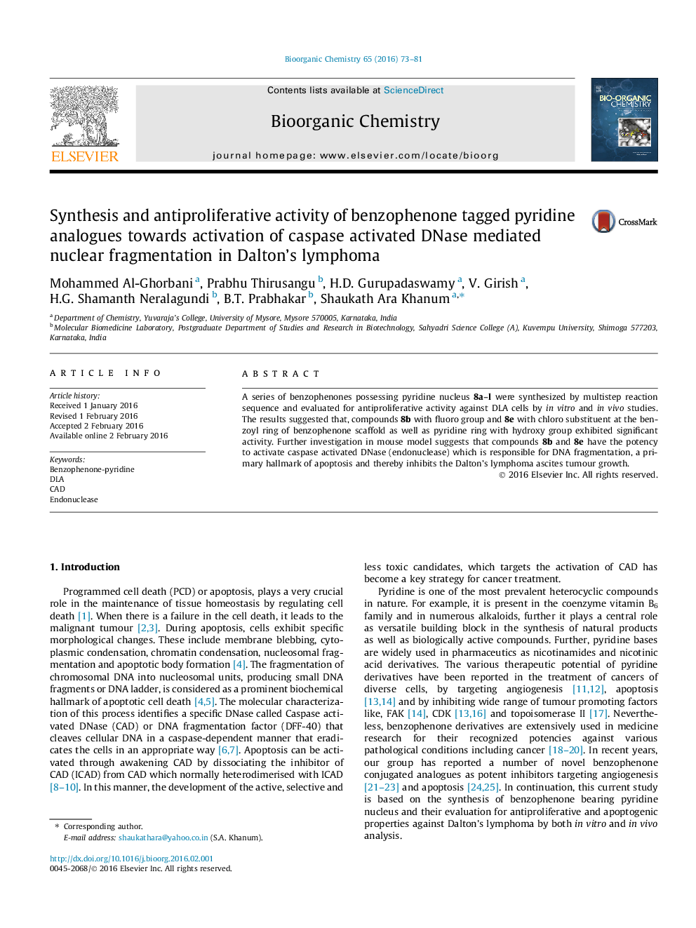 Synthesis and antiproliferative activity of benzophenone tagged pyridine analogues towards activation of caspase activated DNase mediated nuclear fragmentation in Dalton’s lymphoma