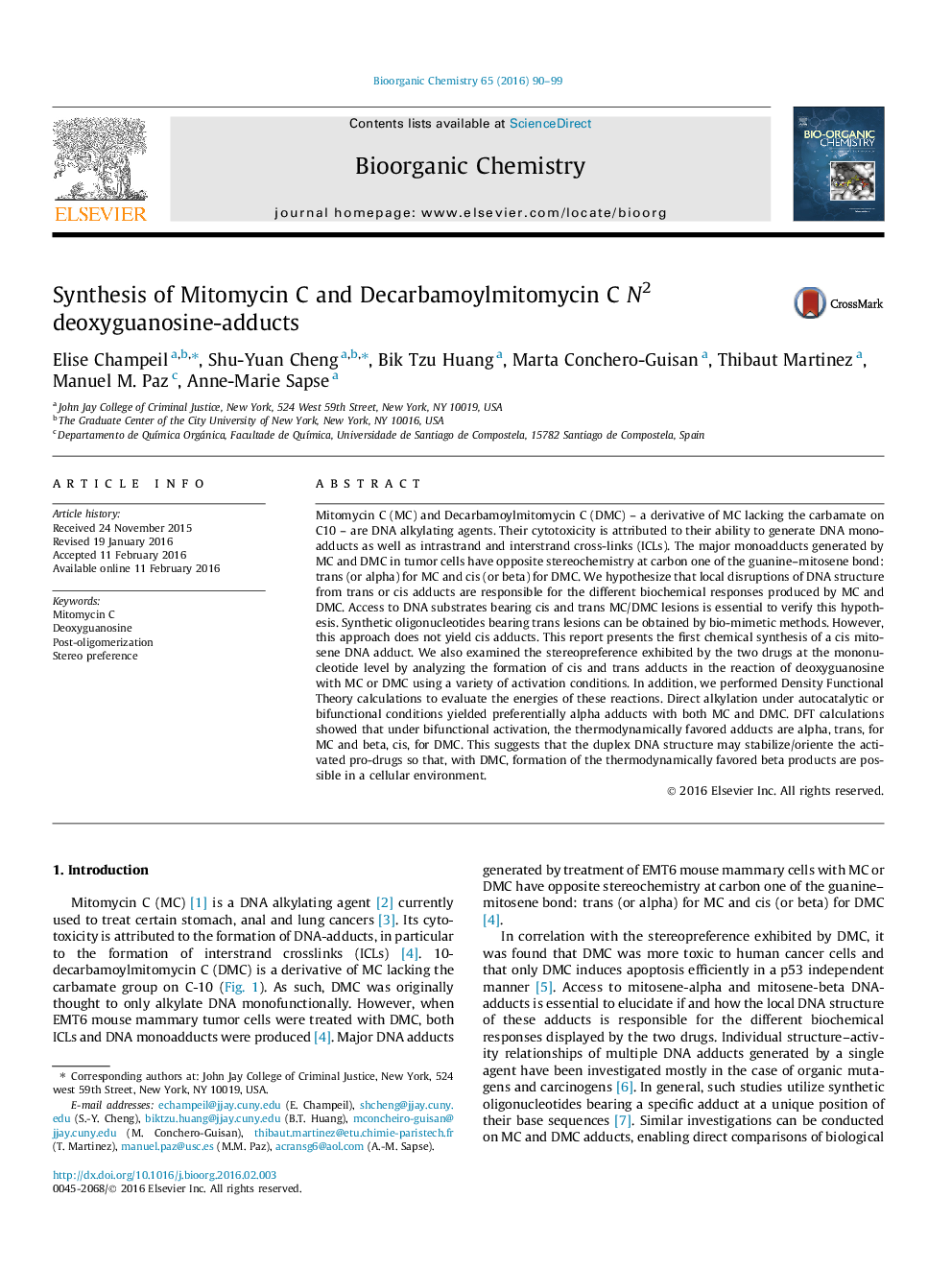 Synthesis of Mitomycin C and Decarbamoylmitomycin C N2 deoxyguanosine-adducts