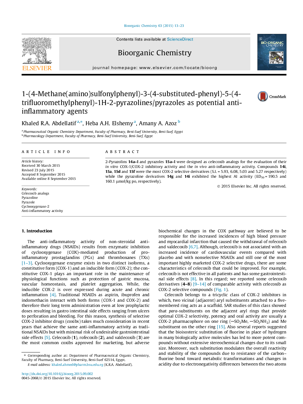 1-(4-Methane(amino)sulfonylphenyl)-3-(4-substituted-phenyl)-5-(4-trifluoromethylphenyl)-1H-2-pyrazolines/pyrazoles as potential anti-inflammatory agents