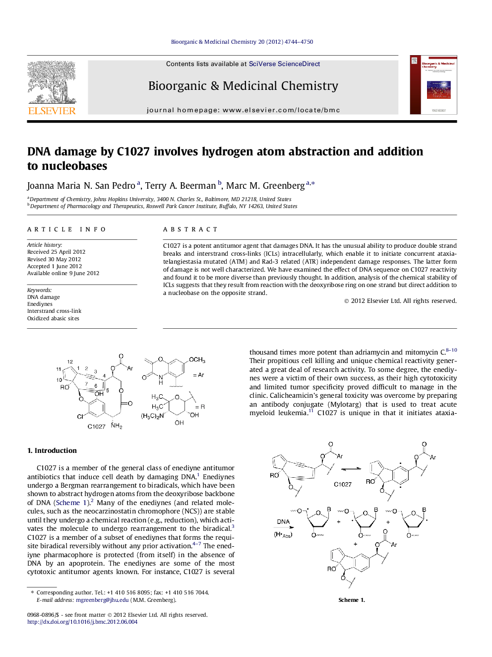 DNA damage by C1027 involves hydrogen atom abstraction and addition to nucleobases