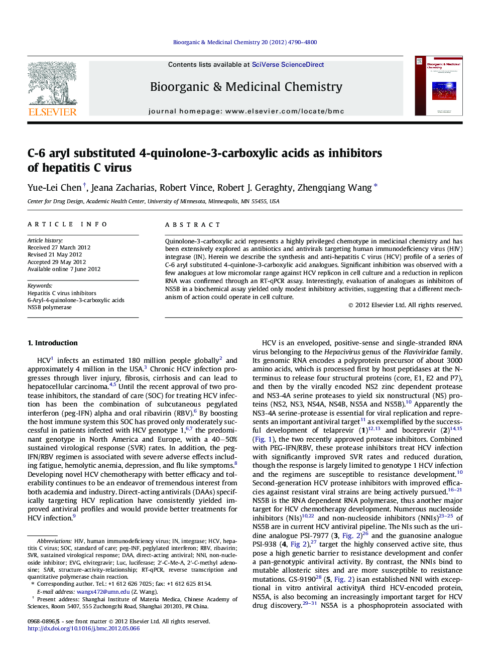 C-6 aryl substituted 4-quinolone-3-carboxylic acids as inhibitors of hepatitis C virus