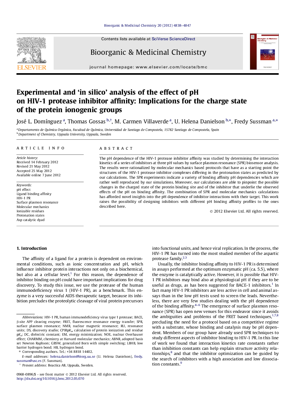 Experimental and ‘in silico’ analysis of the effect of pH on HIV-1 protease inhibitor affinity: Implications for the charge state of the protein ionogenic groups