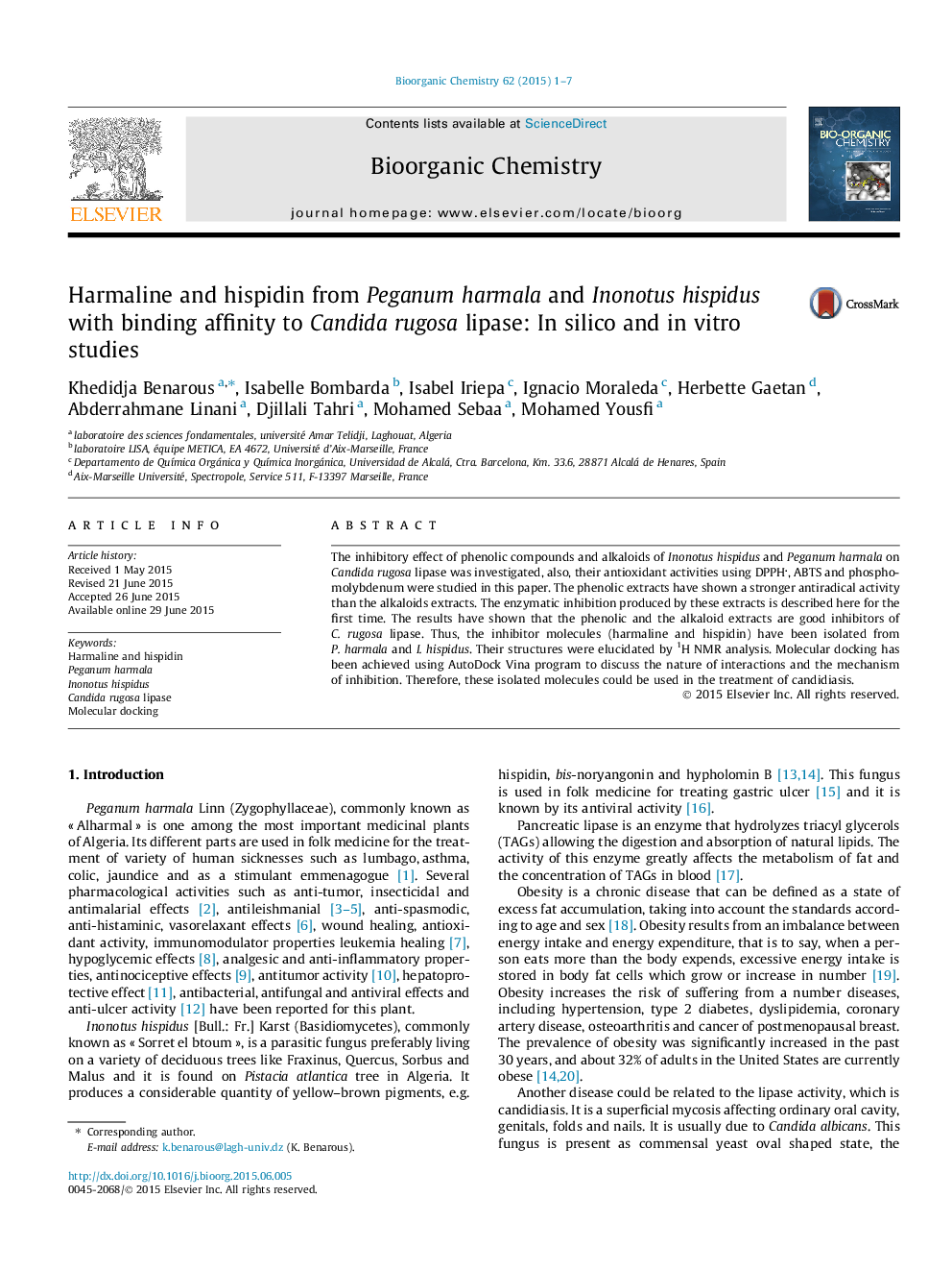 Harmaline and hispidin from Peganum harmala and Inonotus hispidus with binding affinity to Candida rugosa lipase: In silico and in vitro studies