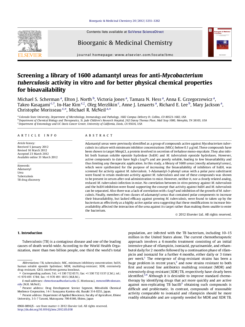 Screening a library of 1600 adamantyl ureas for anti-Mycobacterium tuberculosis activity in vitro and for better physical chemical properties for bioavailability