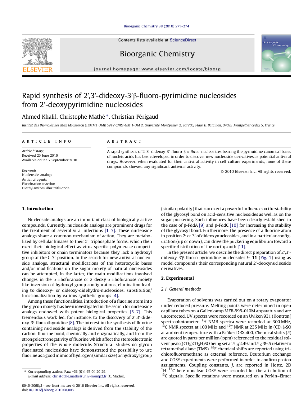 Rapid synthesis of 2′,3′-dideoxy-3′β-fluoro-pyrimidine nucleosides from 2′-deoxypyrimidine nucleosides