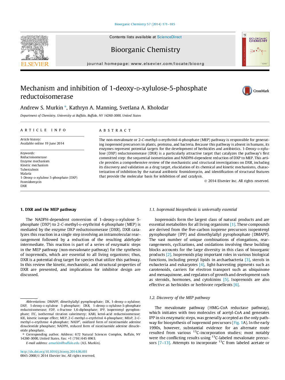 Mechanism and inhibition of 1-deoxy-d-xylulose-5-phosphate reductoisomerase