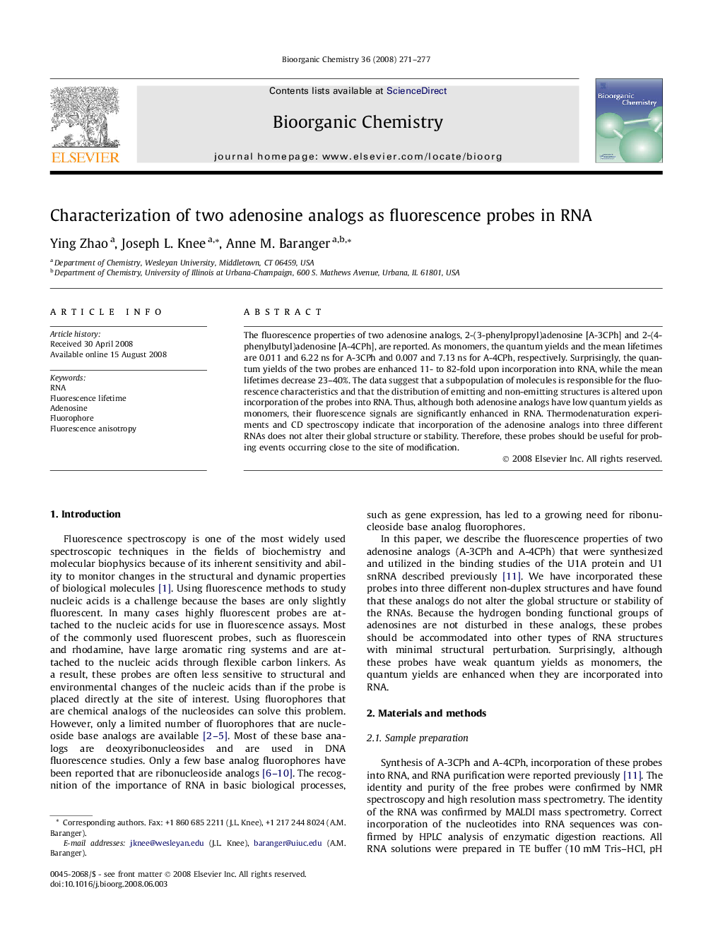 Characterization of two adenosine analogs as fluorescence probes in RNA