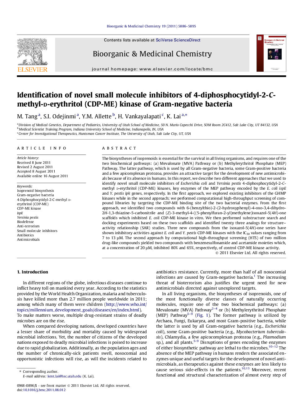Identification of novel small molecule inhibitors of 4-diphosphocytidyl-2-C-methyl-d-erythritol (CDP-ME) kinase of Gram-negative bacteria
