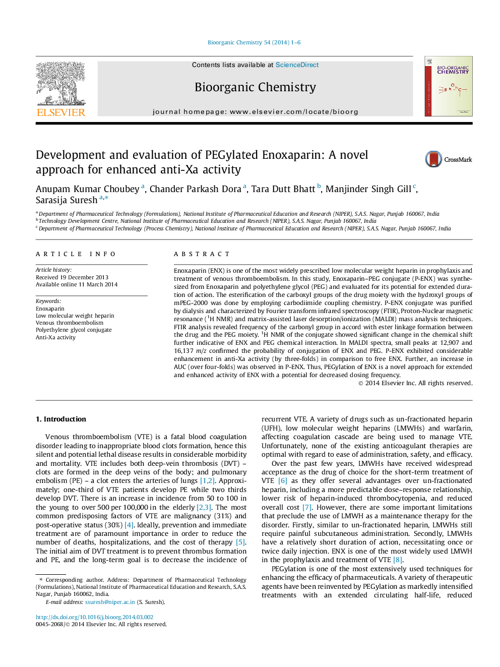 Development and evaluation of PEGylated Enoxaparin: A novel approach for enhanced anti-Xa activity