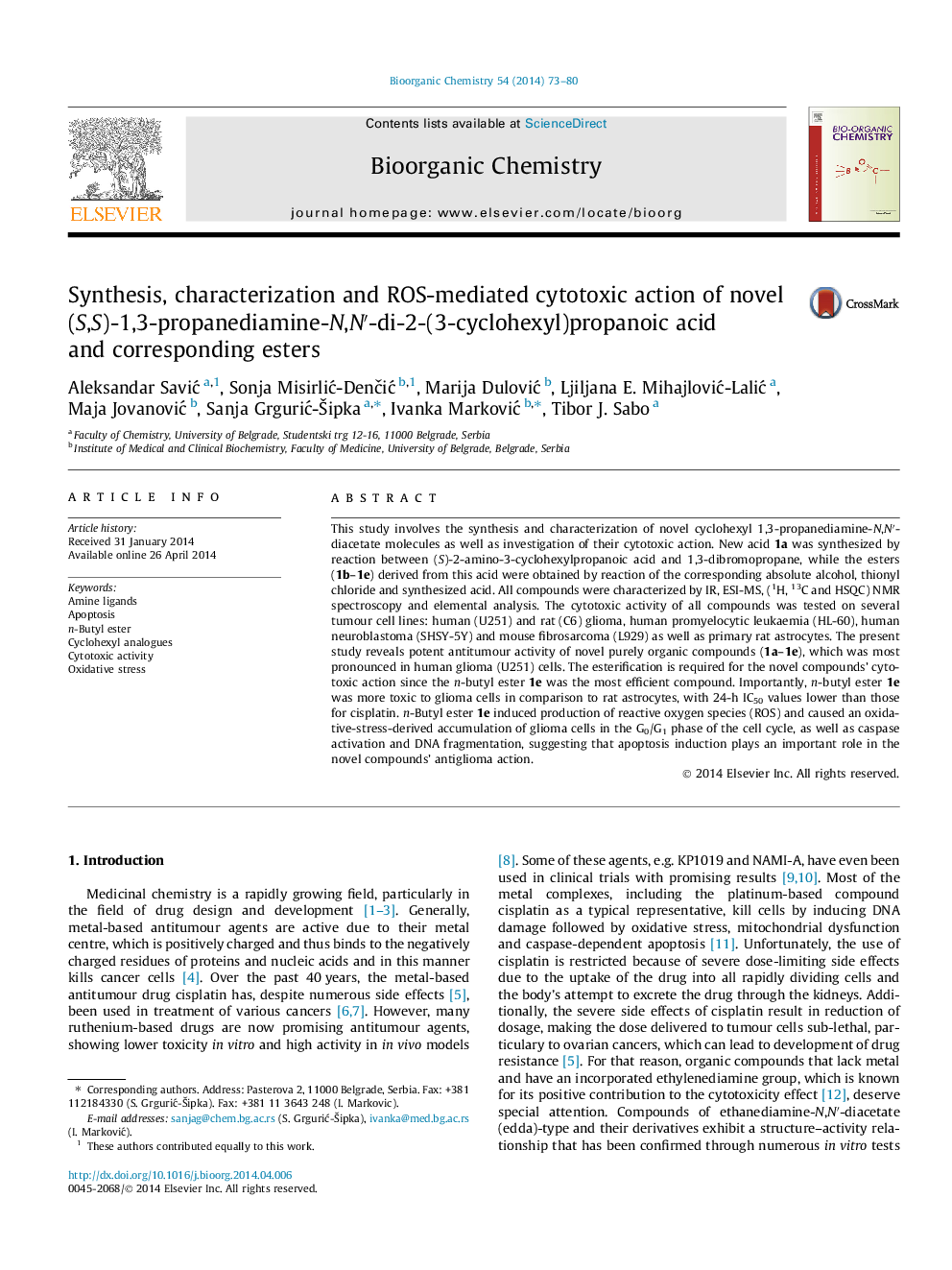 Synthesis, characterization and ROS-mediated cytotoxic action of novel (S,S)-1,3-propanediamine-N,N′-di-2-(3-cyclohexyl)propanoic acid and corresponding esters