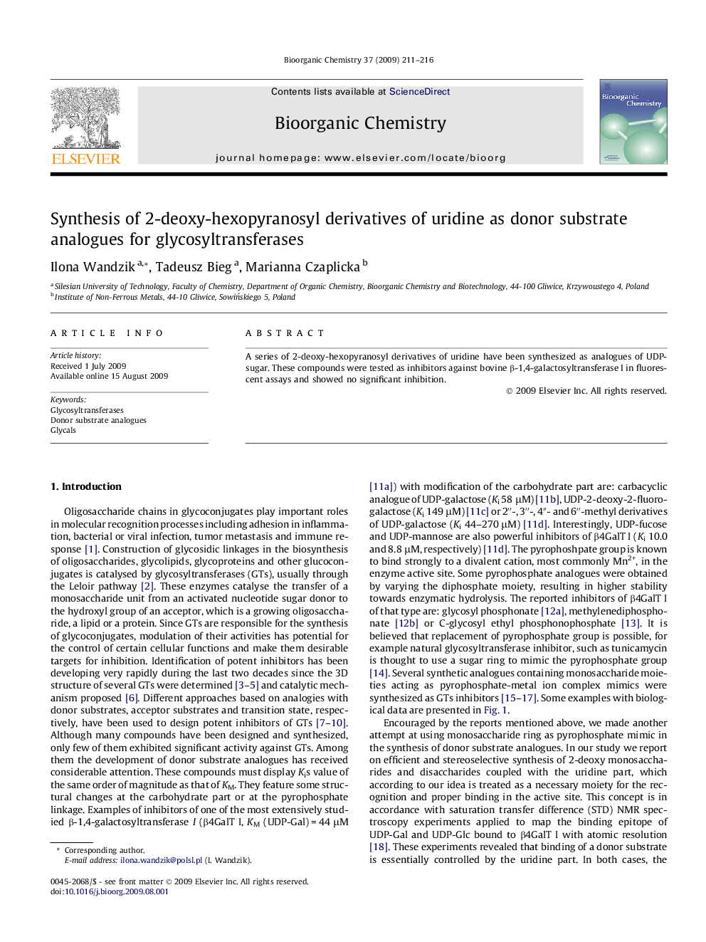 Synthesis of 2-deoxy-hexopyranosyl derivatives of uridine as donor substrate analogues for glycosyltransferases