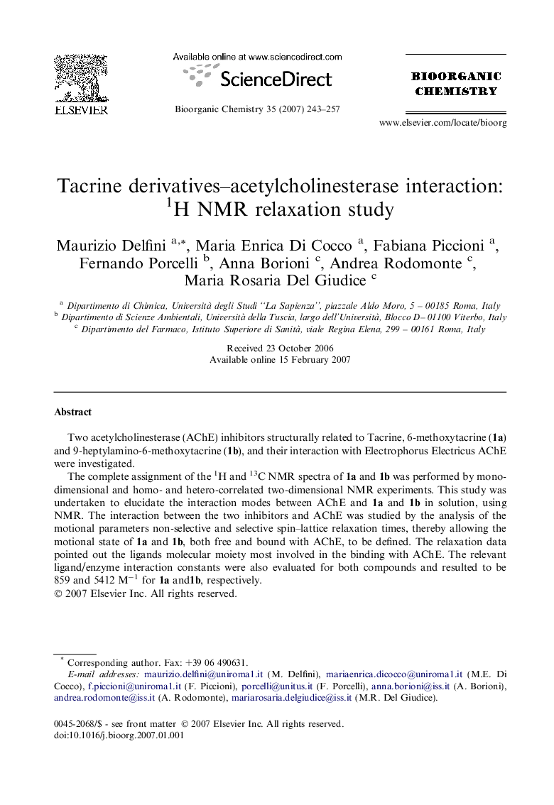 Tacrine derivatives–acetylcholinesterase interaction: 1H NMR relaxation study