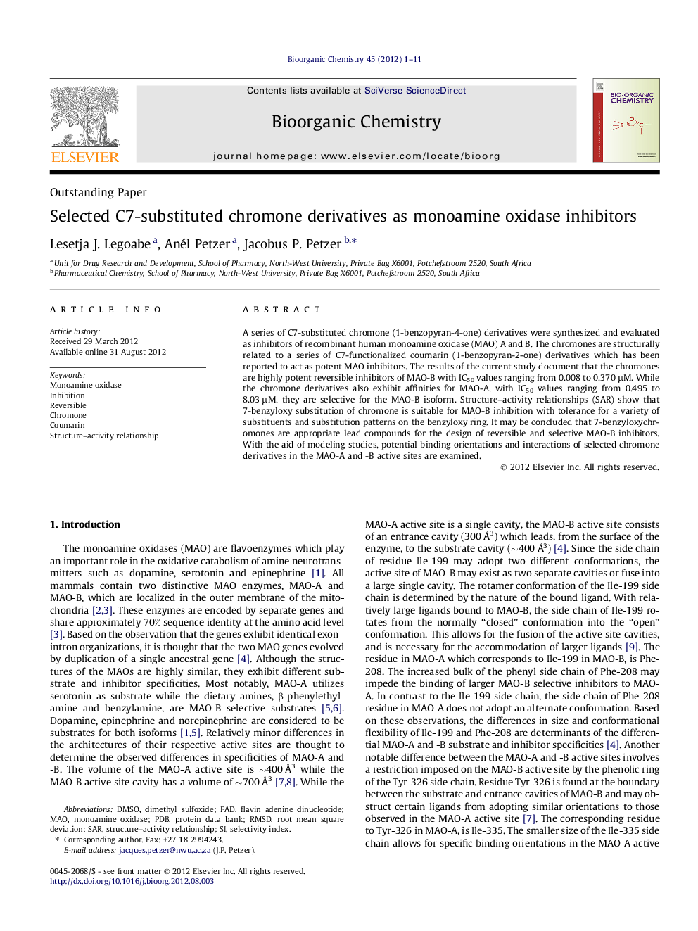 Selected C7-substituted chromone derivatives as monoamine oxidase inhibitors