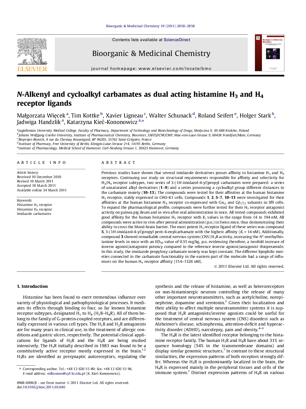 N-Alkenyl and cycloalkyl carbamates as dual acting histamine H3 and H4 receptor ligands