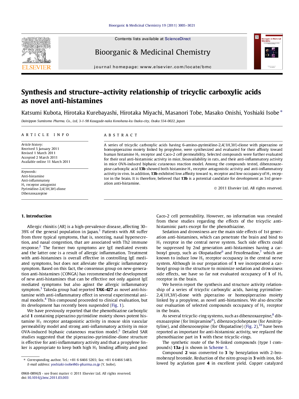 Synthesis and structure–activity relationship of tricyclic carboxylic acids as novel anti-histamines