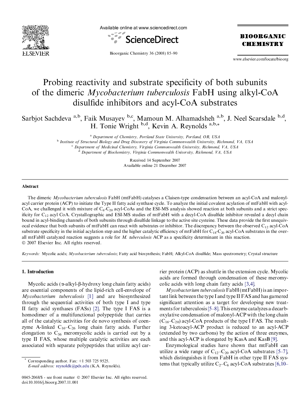 Probing reactivity and substrate specificity of both subunits of the dimeric Mycobacterium tuberculosis FabH using alkyl-CoA disulfide inhibitors and acyl-CoA substrates