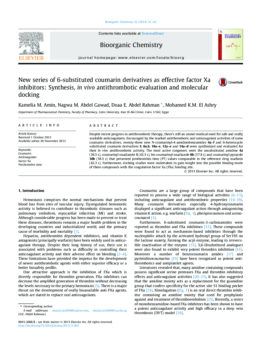 New series of 6-substituted coumarin derivatives as effective factor Xa inhibitors: Synthesis, in vivo antithrombotic evaluation and molecular docking