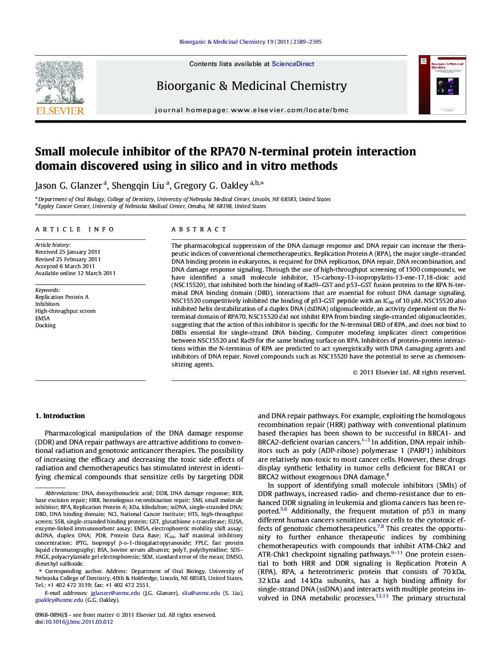 Small molecule inhibitor of the RPA70 N-terminal protein interaction domain discovered using in silico and in vitro methods