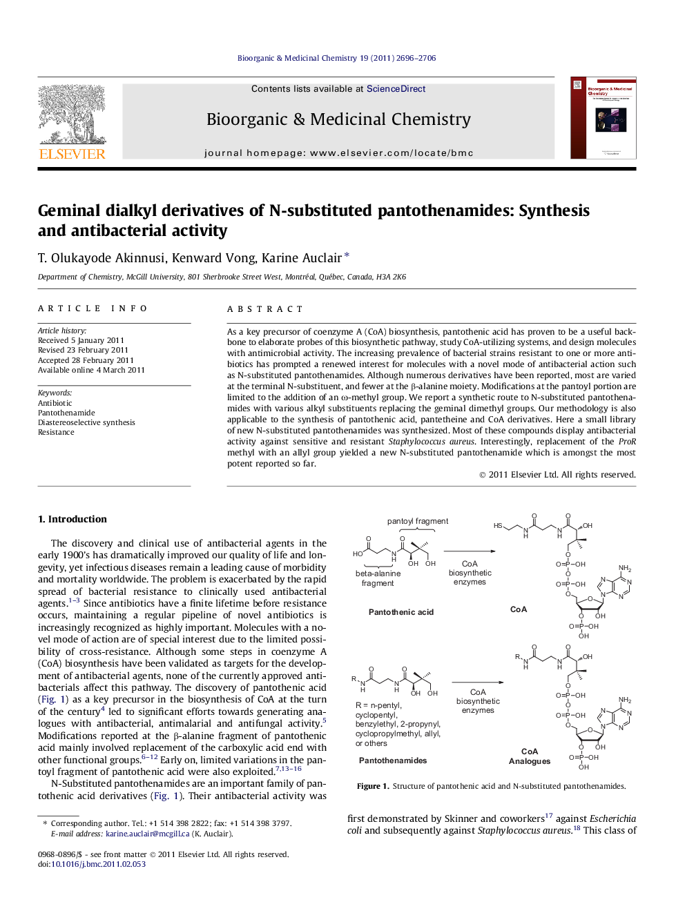 Geminal dialkyl derivatives of N-substituted pantothenamides: Synthesis and antibacterial activity