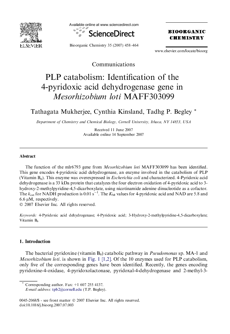 PLP catabolism: Identification of the 4-pyridoxic acid dehydrogenase gene in Mesorhizobium loti MAFF303099