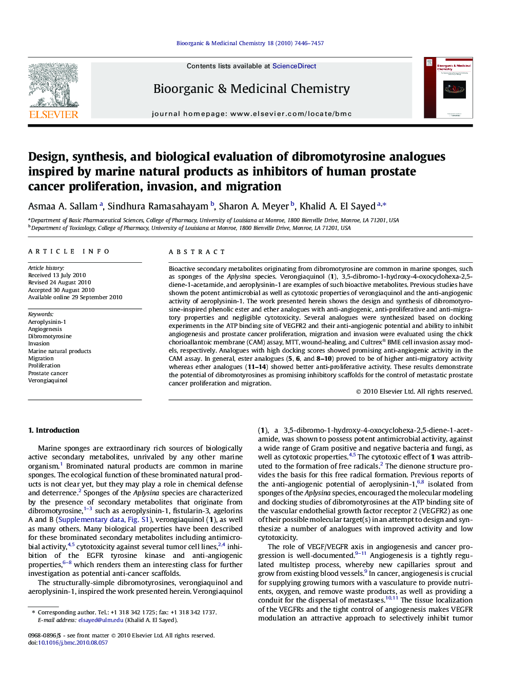 Design, synthesis, and biological evaluation of dibromotyrosine analogues inspired by marine natural products as inhibitors of human prostate cancer proliferation, invasion, and migration