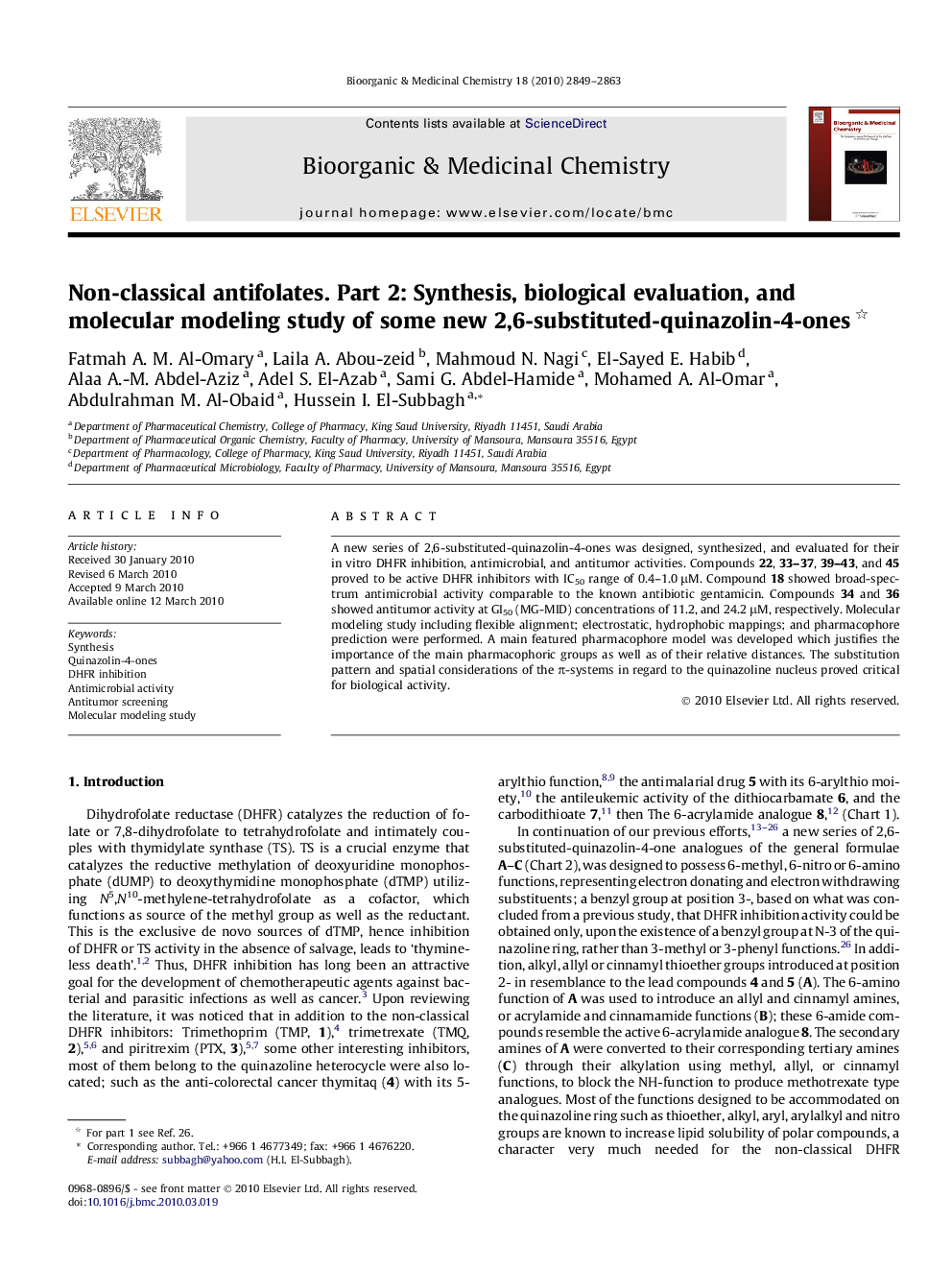 Non-classical antifolates. Part 2: Synthesis, biological evaluation, and molecular modeling study of some new 2,6-substituted-quinazolin-4-ones 