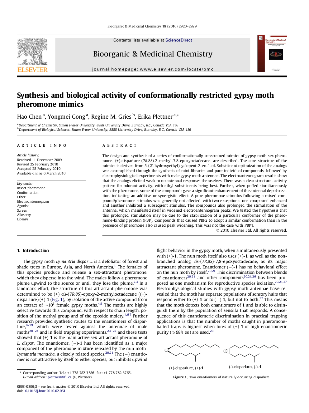 Synthesis and biological activity of conformationally restricted gypsy moth pheromone mimics