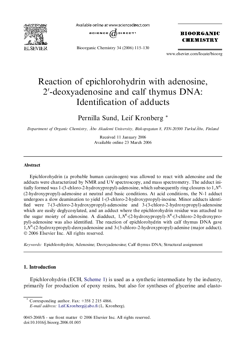 Reaction of epichlorohydrin with adenosine, 2â²-deoxyadenosine and calf thymus DNA: Identification of adducts