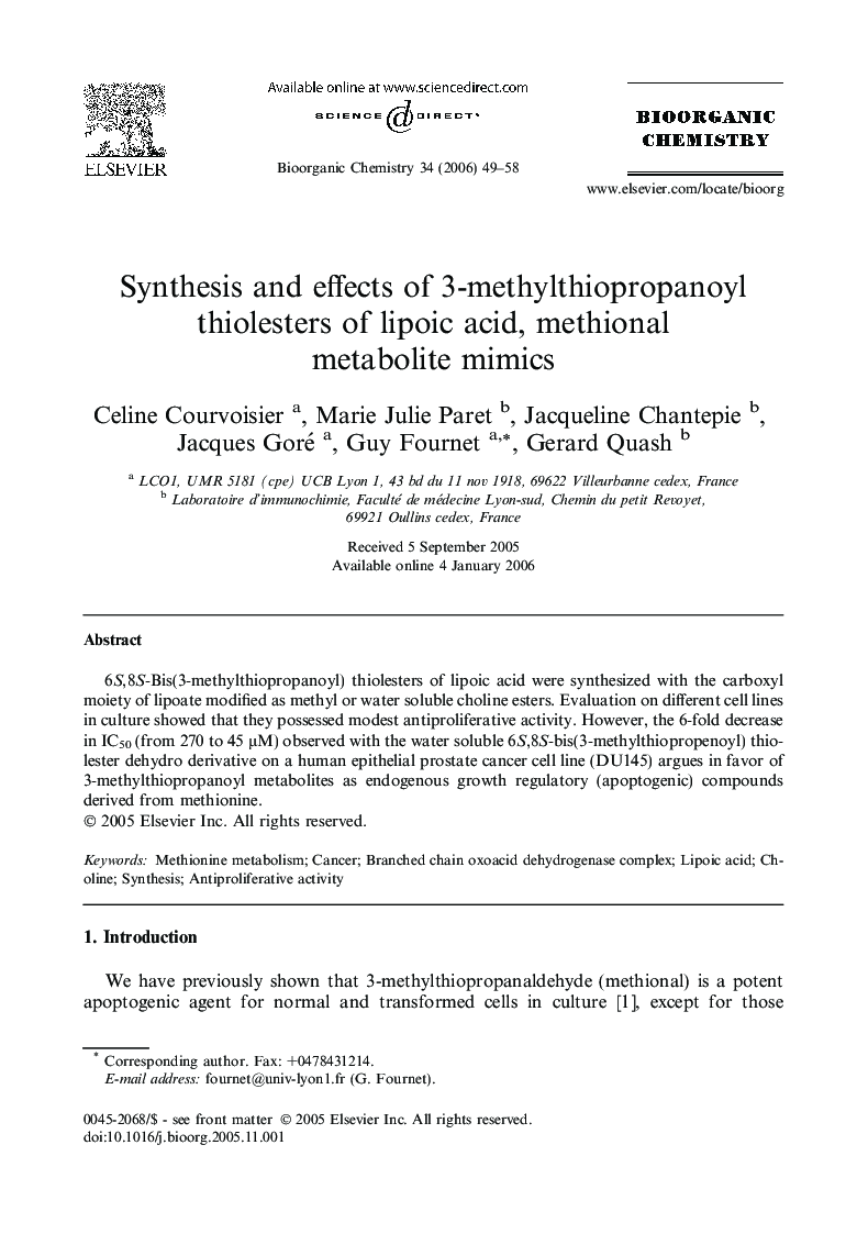 Synthesis and effects of 3-methylthiopropanoyl thiolesters of lipoic acid, methional metabolite mimics