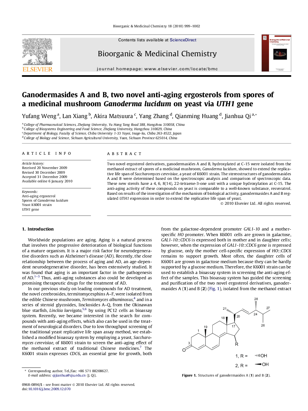 عکس صفحه اول مقاله: Ganodermasides A and B, two novel anti-aging ergosterols from spores of a medicinal mushroom Ganoderma lucidum on yeast via UTH1 gene Ganodermasides A and B, two novel anti-aging ergosterols from spores of a medicinal mushroom Ganoderma lucidum on yeast via UTH1 gene