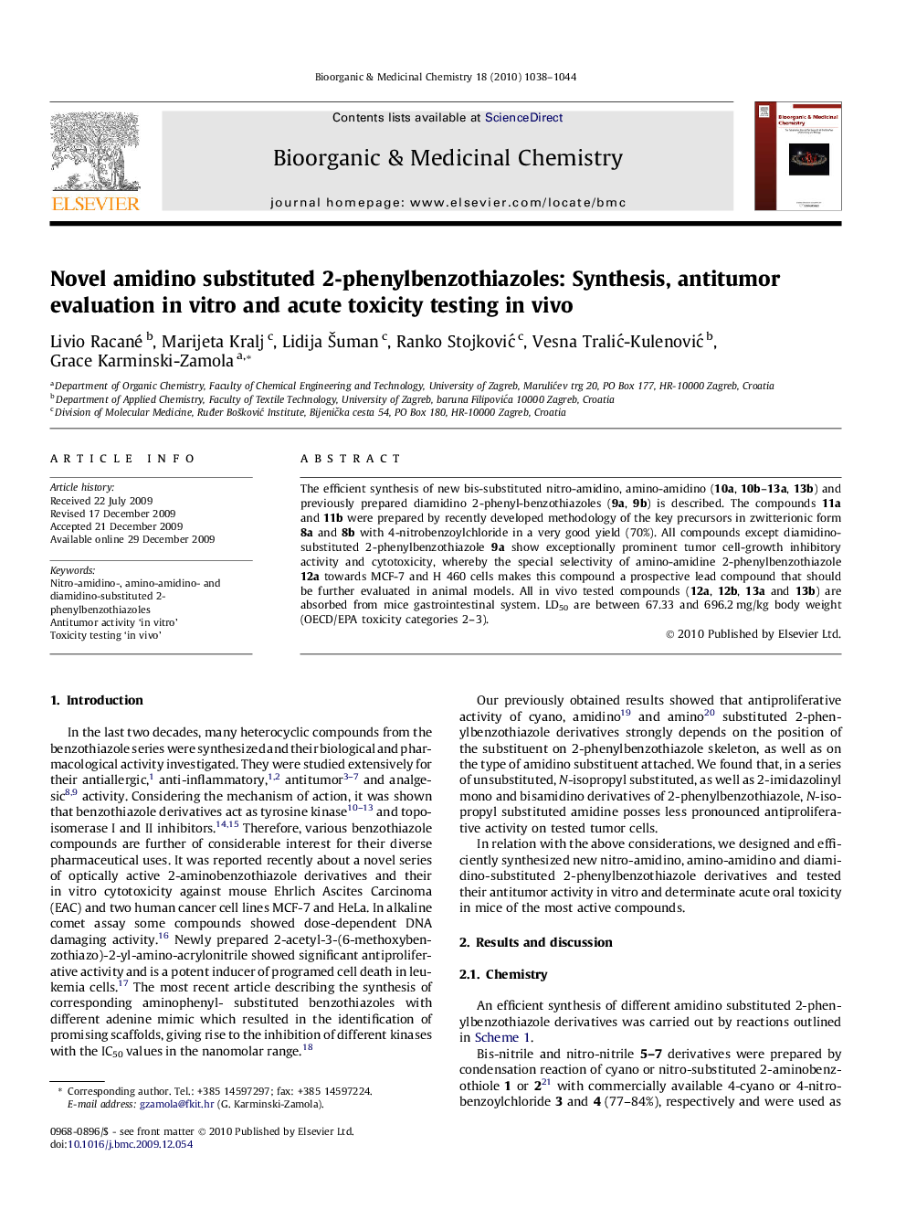 عکس صفحه اول مقاله: Novel amidino substituted 2-phenylbenzothiazoles: Synthesis, antitumor evaluation in vitro and acute toxicity testing in vivo Novel amidino substituted 2-phenylbenzothiazoles: Synthesis, antitumor evaluation in vitro and acute toxicity testing in vivo