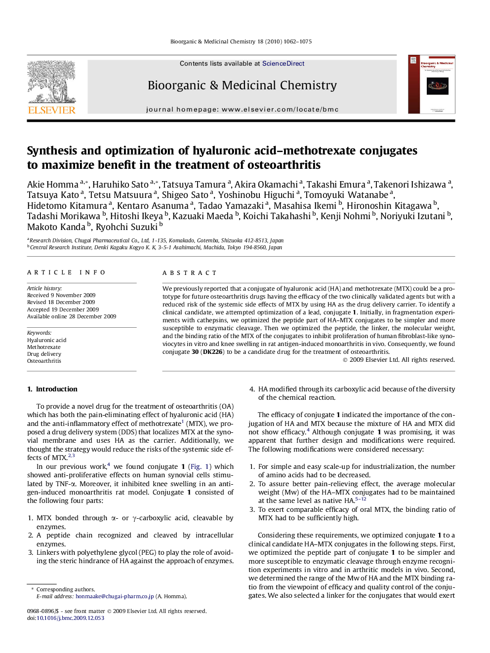 Synthesis and optimization of hyaluronic acid–methotrexate conjugates to maximize benefit in the treatment of osteoarthritis