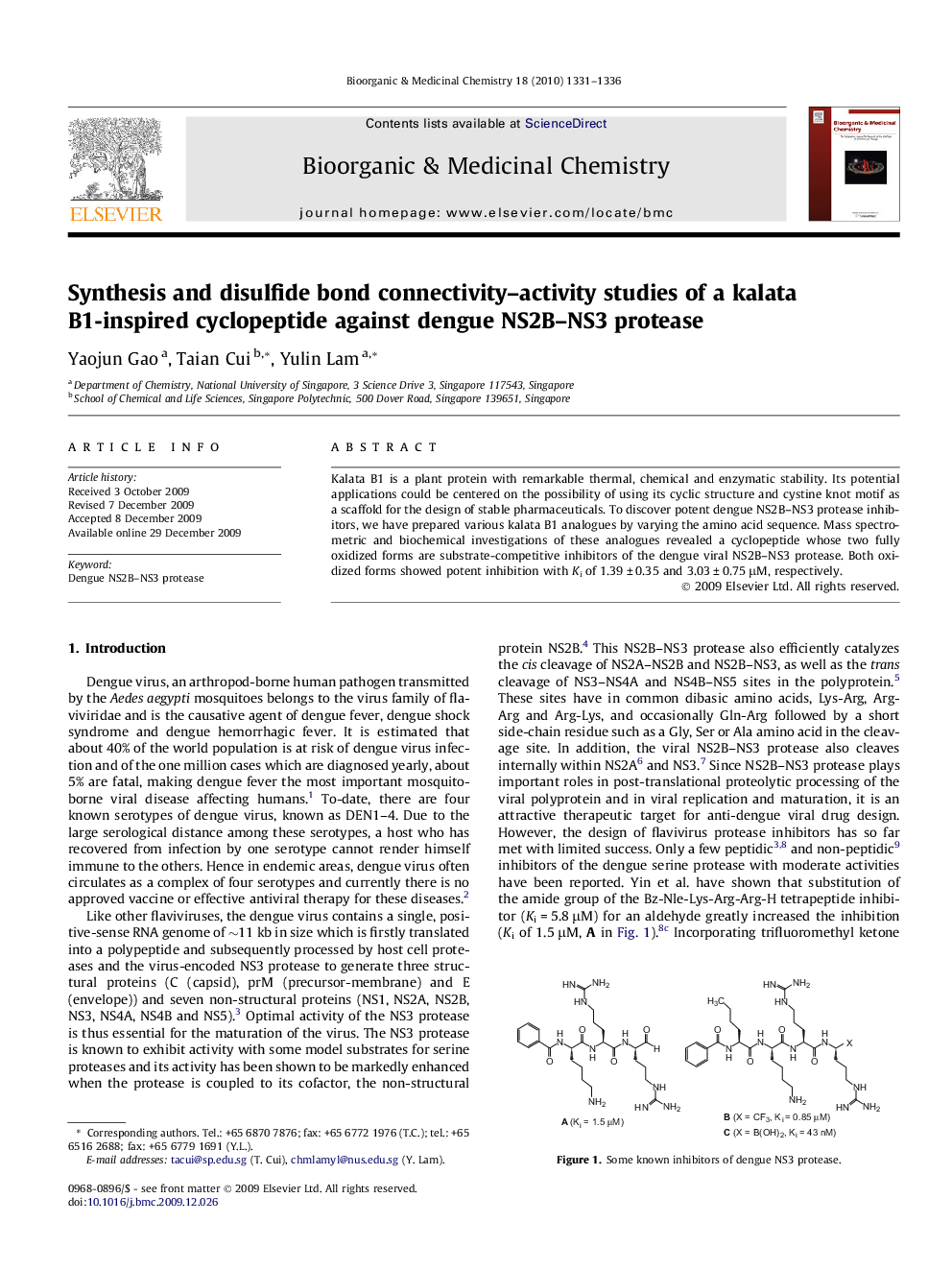 عکس صفحه اول مقاله: Synthesis and disulfide bond connectivity–activity studies of a kalata B1-inspired cyclopeptide against dengue NS2B–NS3 protease Synthesis and disulfide bond connectivity–activity studies of a kalata B1-inspired cyclopeptide against dengue NS2B–NS3 protease
