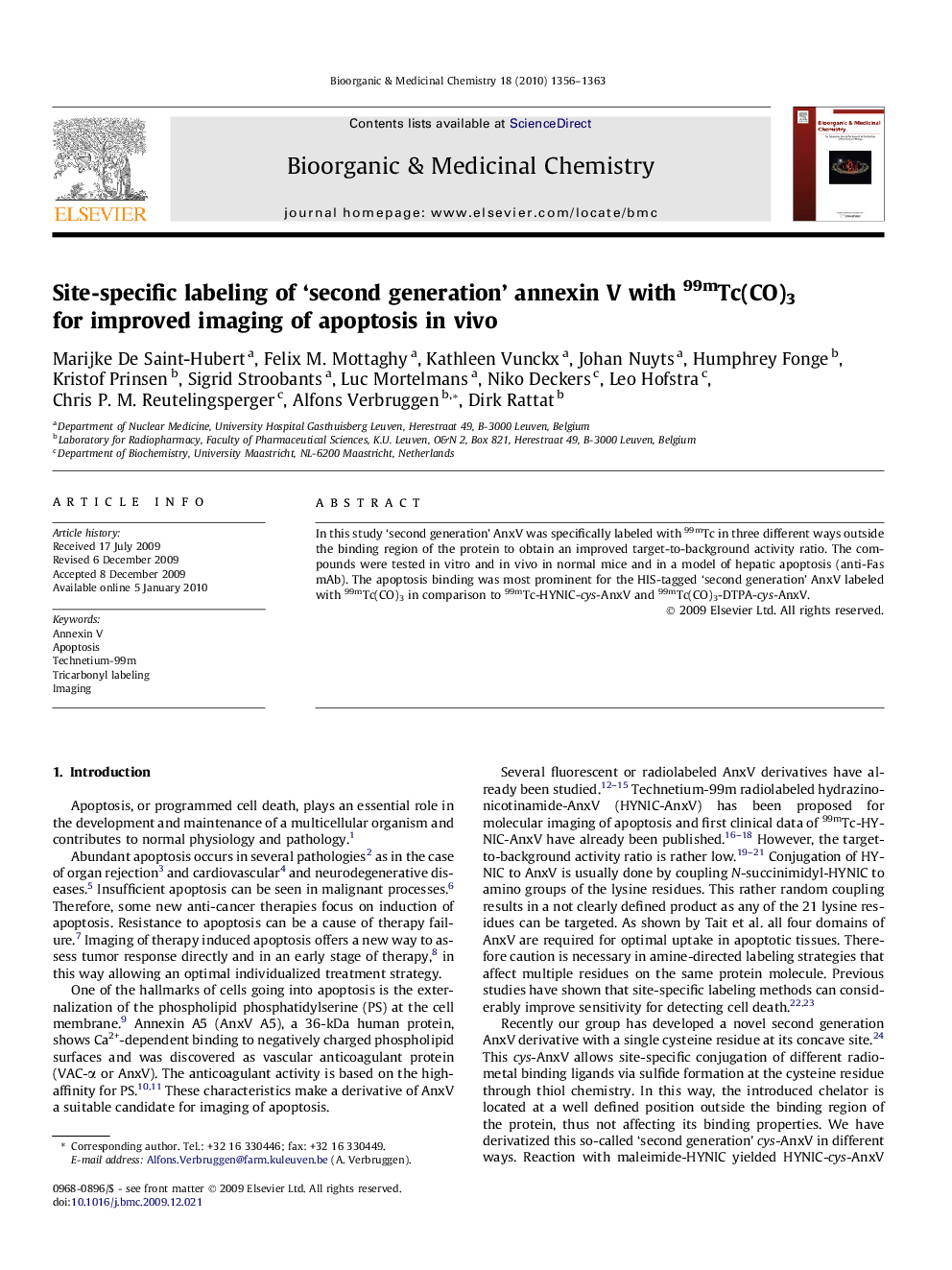 Site-specific labeling of ‘second generation’ annexin V with 99mTc(CO)3 for improved imaging of apoptosis in vivo